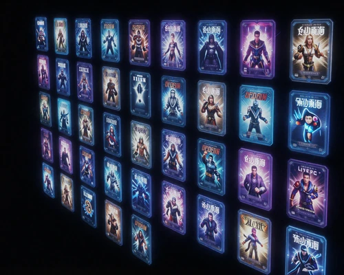 Patchbay Game Ledger digital deck concept - holographic game cards organized in a futuristic library interface